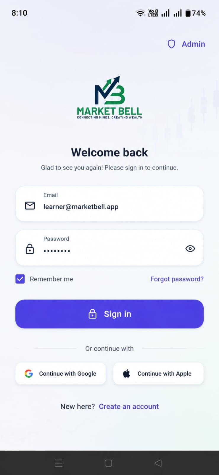 Market Bell app sign-in screen