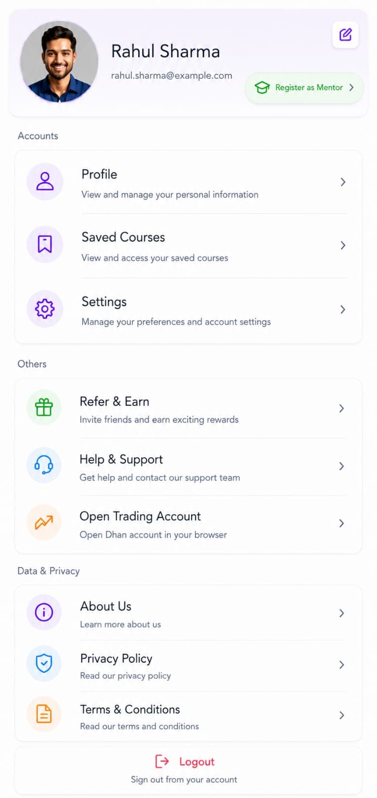 Explore menu with courses and community