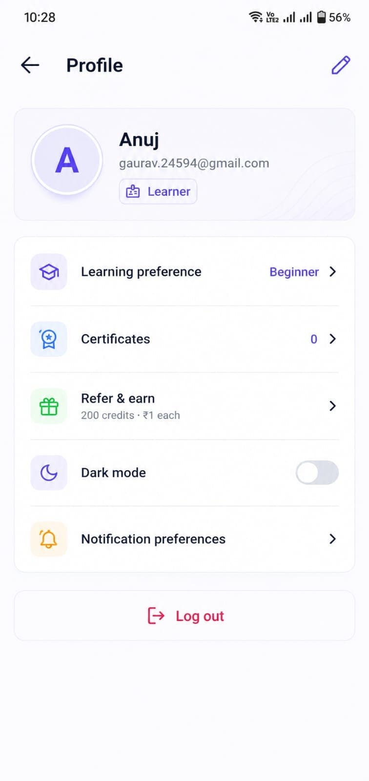 Learner profile with progress
